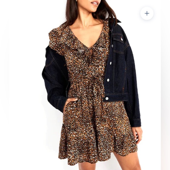 Old Navy Women's Rebel Ruffle Brown Animal Print Mini Dress w/Pockets Size S NWT - Picture 3 of 11